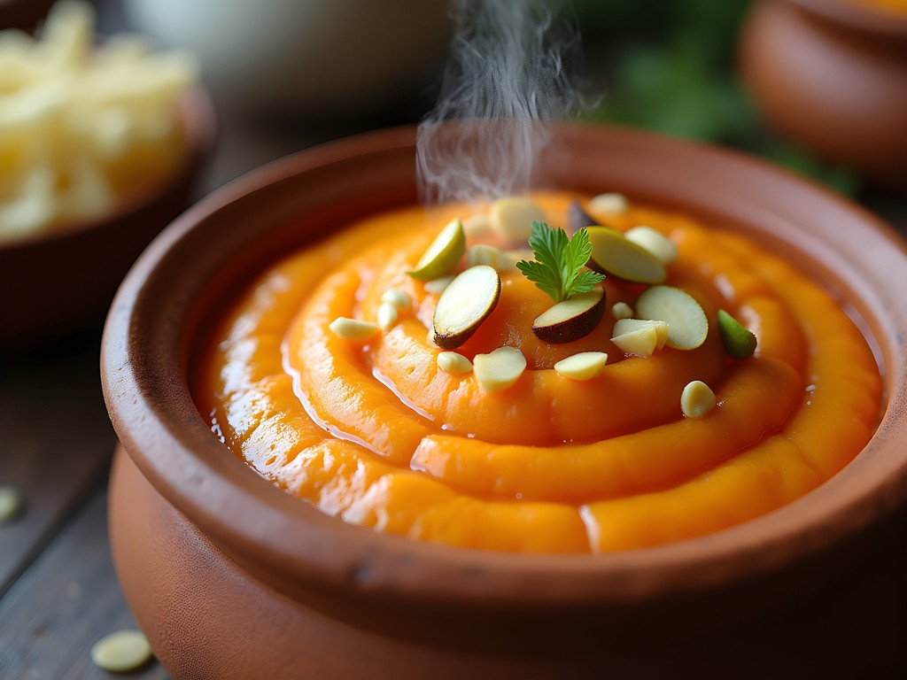 Traditional carrot halwa (gajar ka halwa) served in clay pot with pistachios and almonds