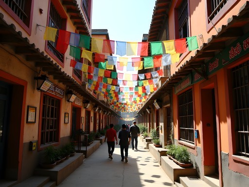 Colorful prayer flags hanging above narrow lanes in Delhi's Tibetan Colony (Majnu ka Tilla)