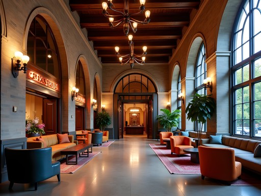 Stylish lobby of the Detroit Foundation Hotel with preserved architectural elements