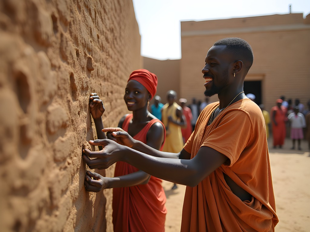 Local community participating in the annual crépissage mud-plastering festival at Djenné Mosque