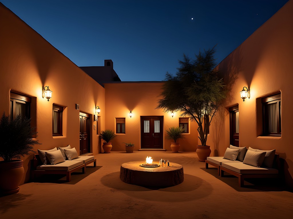 Traditional guesthouse courtyard in Djenné with adobe architecture and evening lighting