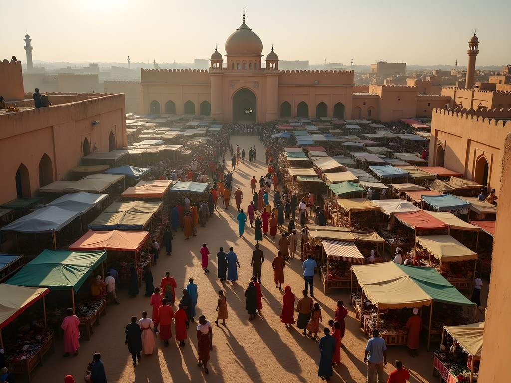 Aerial view of Djenné's bustling Monday market surrounding the Great Mosque