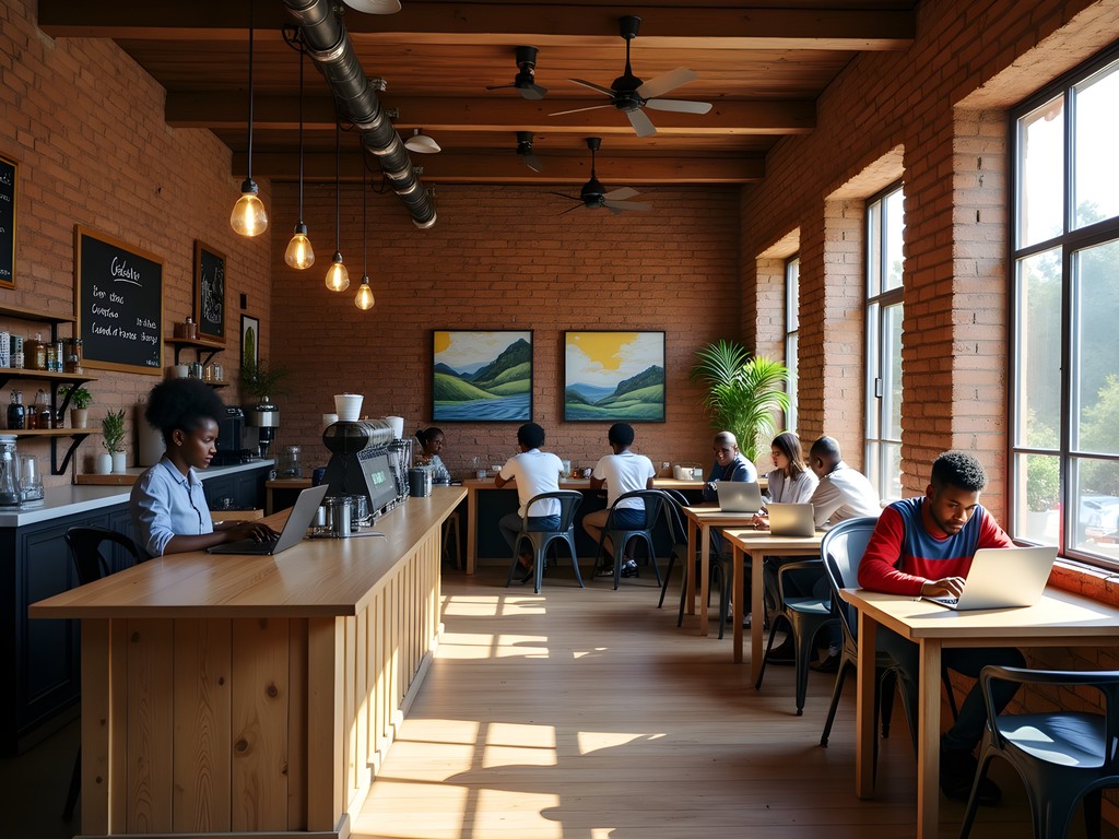 Interior of Café Numérique coworking space in Dolisie with local entrepreneurs working