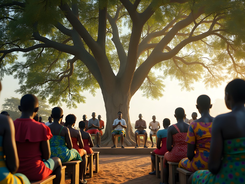 Community church service under a large mango tree in Dolisie