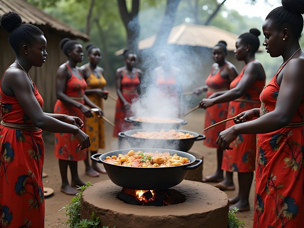 Cooking lesson with local women preparing traditional Congolese dishes in an outdoor kitchen