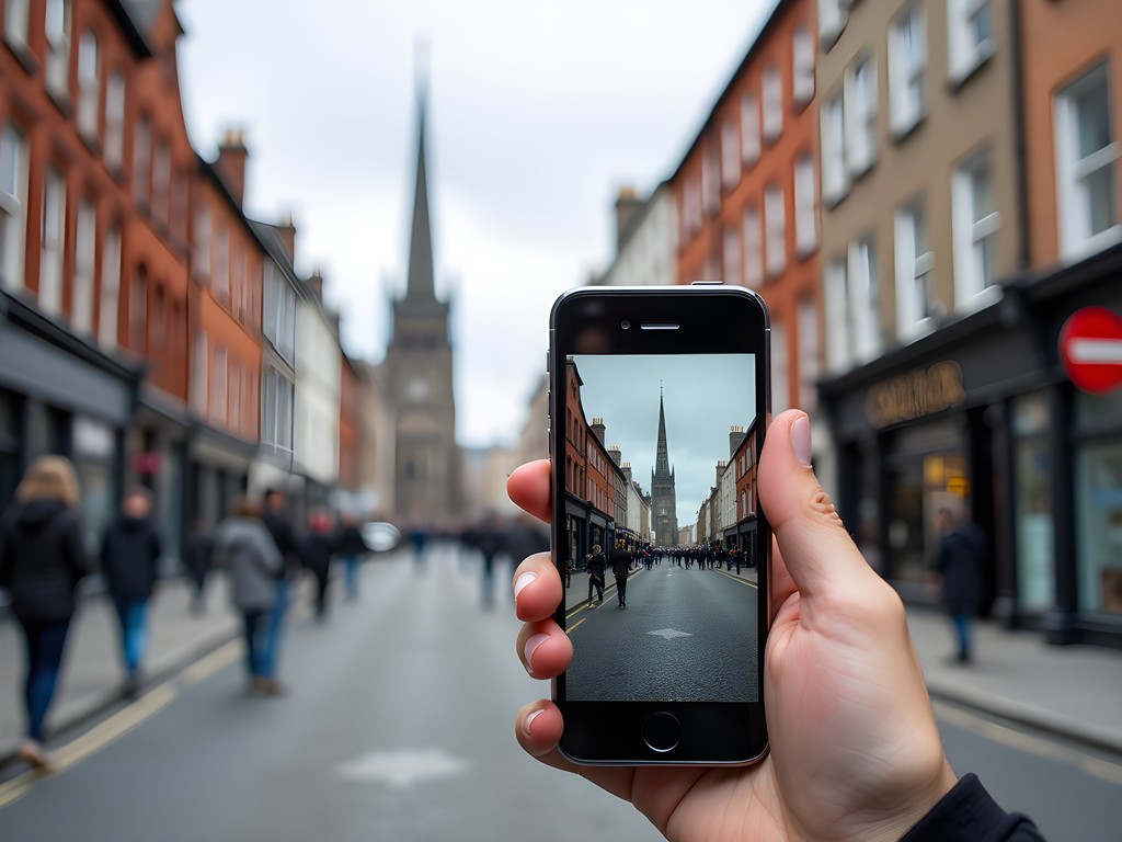Augmented reality view of O'Connell Street showing historical layers of Dublin architecture through smartphone