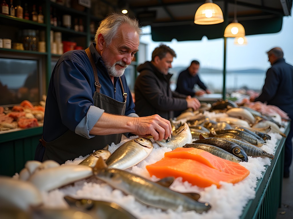 Traditional seafood vendor at Howth Market displaying fresh catch with Dublin Bay in background