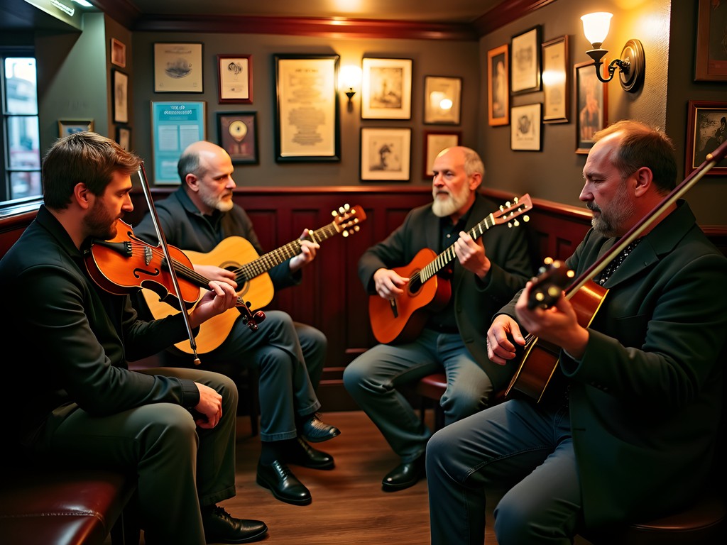 Authentic Irish music session at The Cobblestone pub with musicians playing traditional instruments