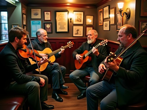 Authentic Irish music session at The Cobblestone pub with musicians playing traditional instruments