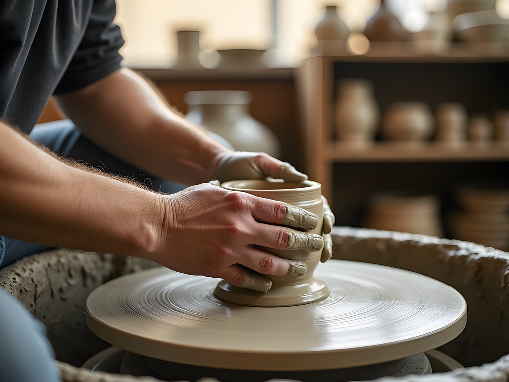 Close-up of hands shaping clay on pottery wheel during community ceramics workshop in Durham
