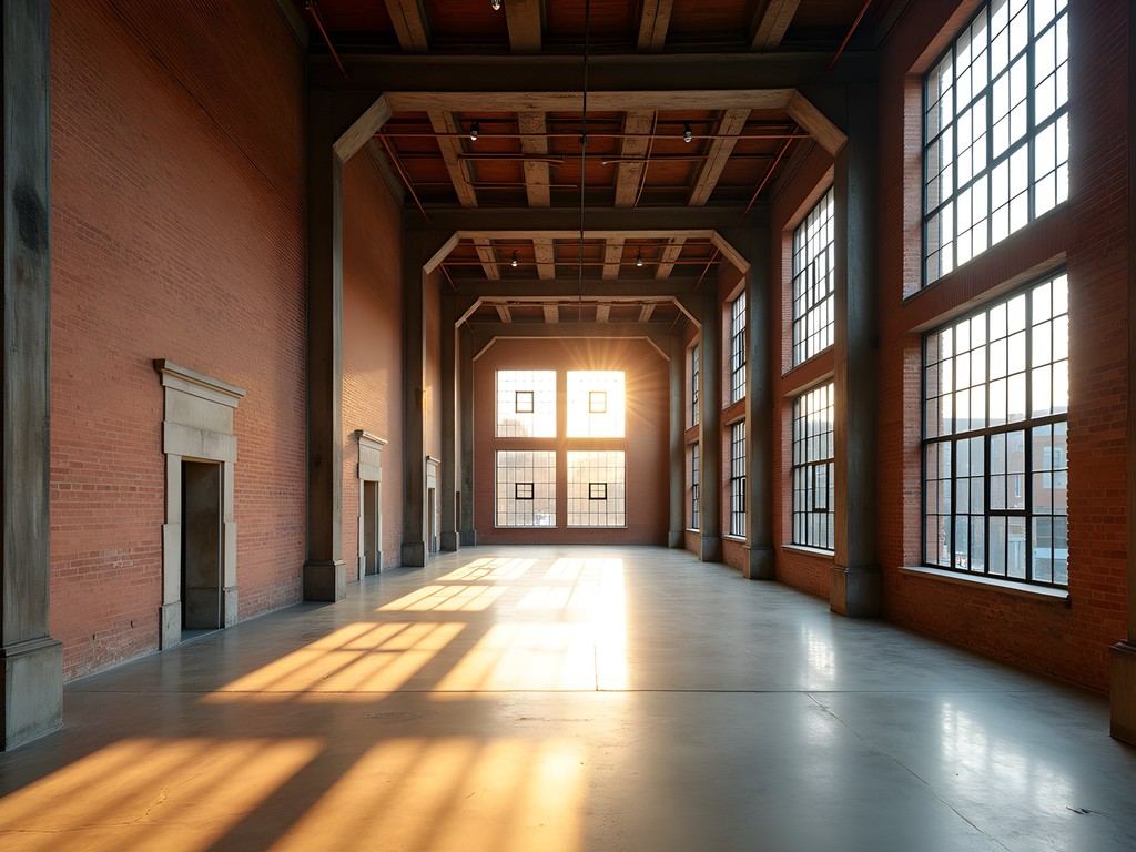 Morning sunlight streaming through industrial windows of renovated American Tobacco Campus warehouse in Durham