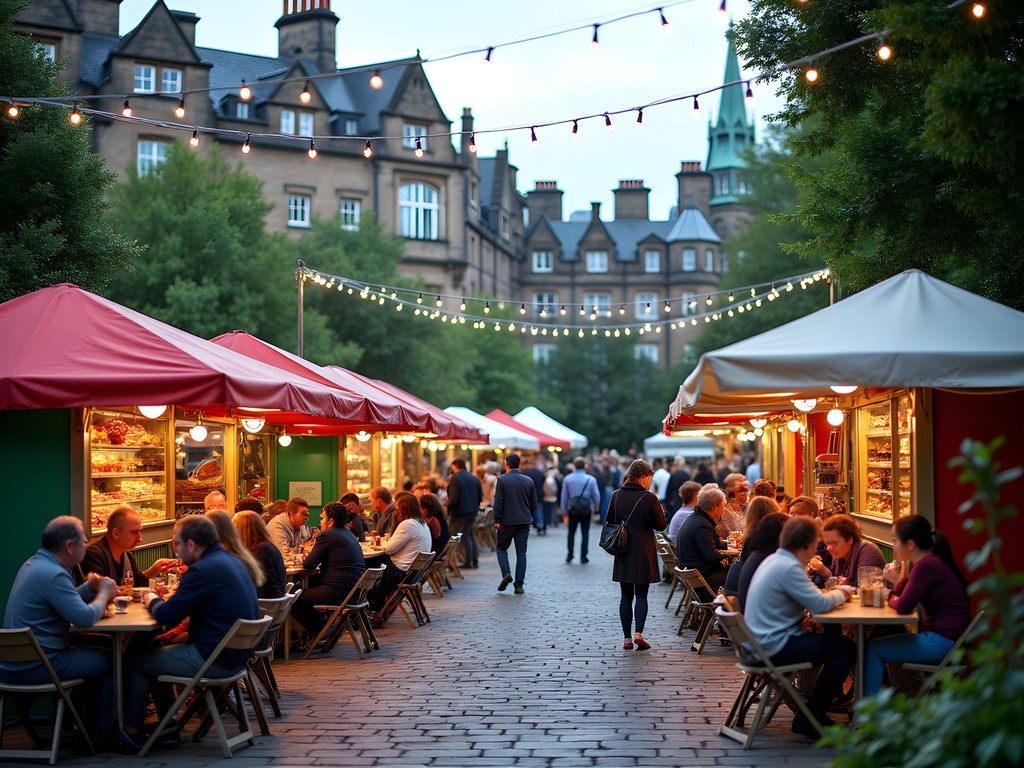 Festival-goers enjoying outdoor dining at George Square Gardens food village