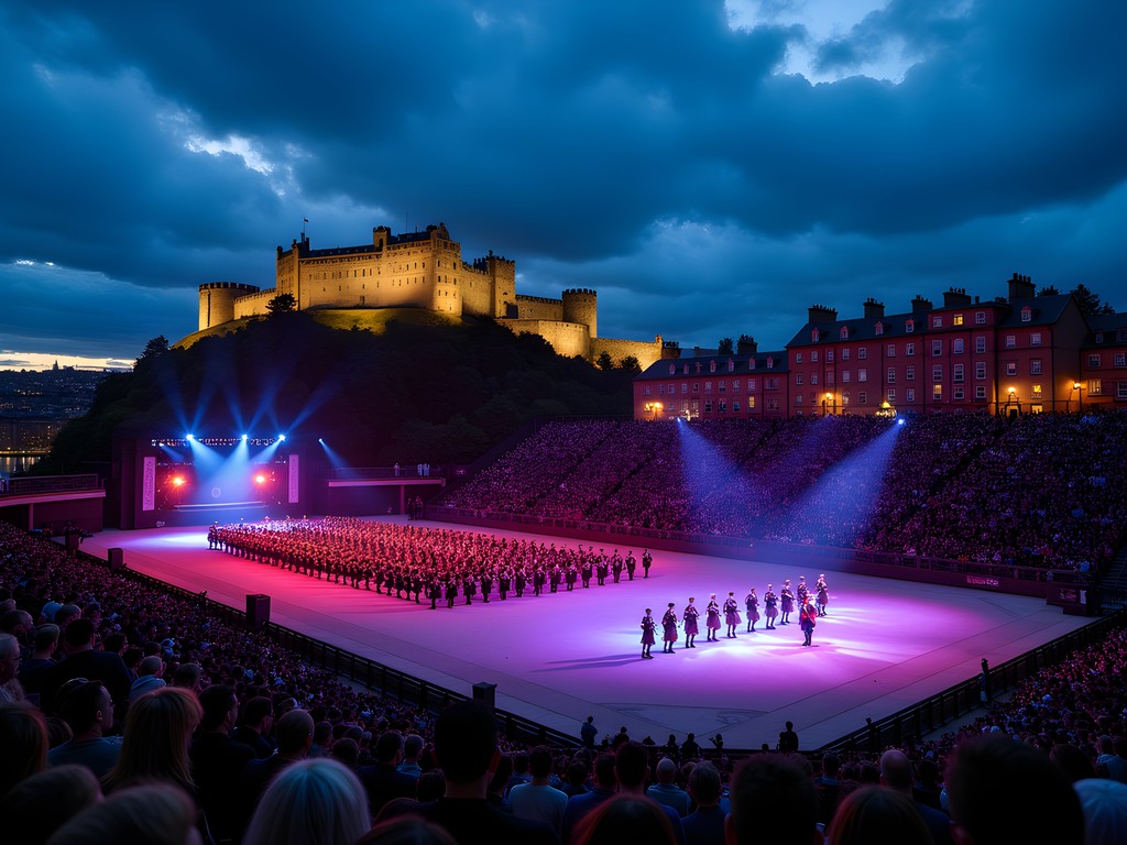 Royal Edinburgh Military Tattoo performance with Edinburgh Castle illuminated in the background