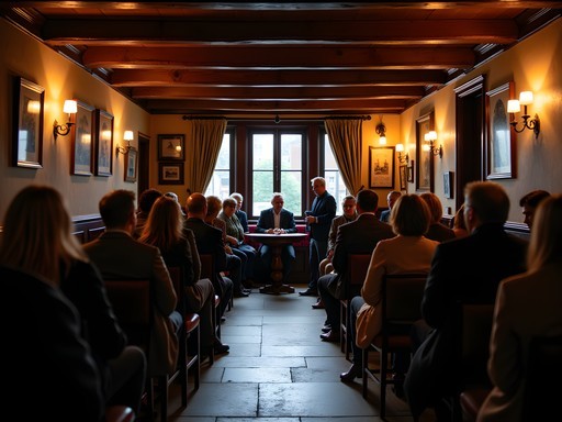 Atmospheric evening storytelling session in Edinburgh pub with performer and audience