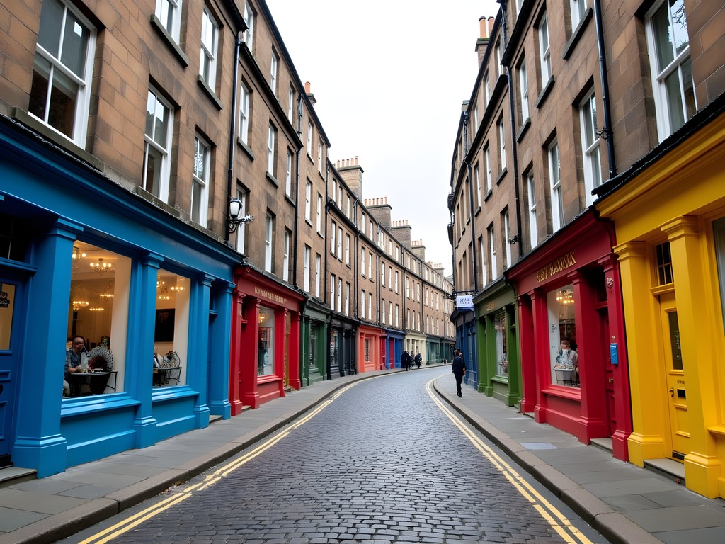 Curved colorful shopfronts of Victoria Street in Edinburgh