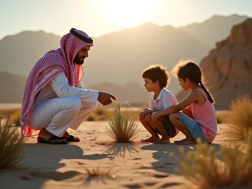 Bedouin guide teaching families traditional desert survival skills near Eilat