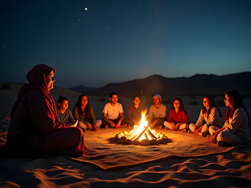 Bedouin storytelling session around campfire with families listening intently