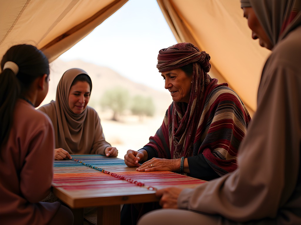 Family learning traditional Bedouin weaving techniques from local artisan near Eilat