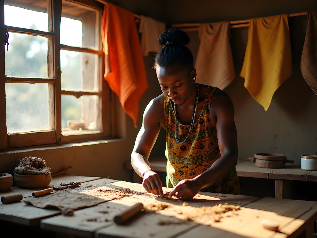 Traditional bark cloth making workshop with local artisan in Entebbe, Uganda