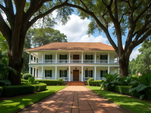Colonial-era building surrounded by lush botanical gardens in Entebbe, Uganda