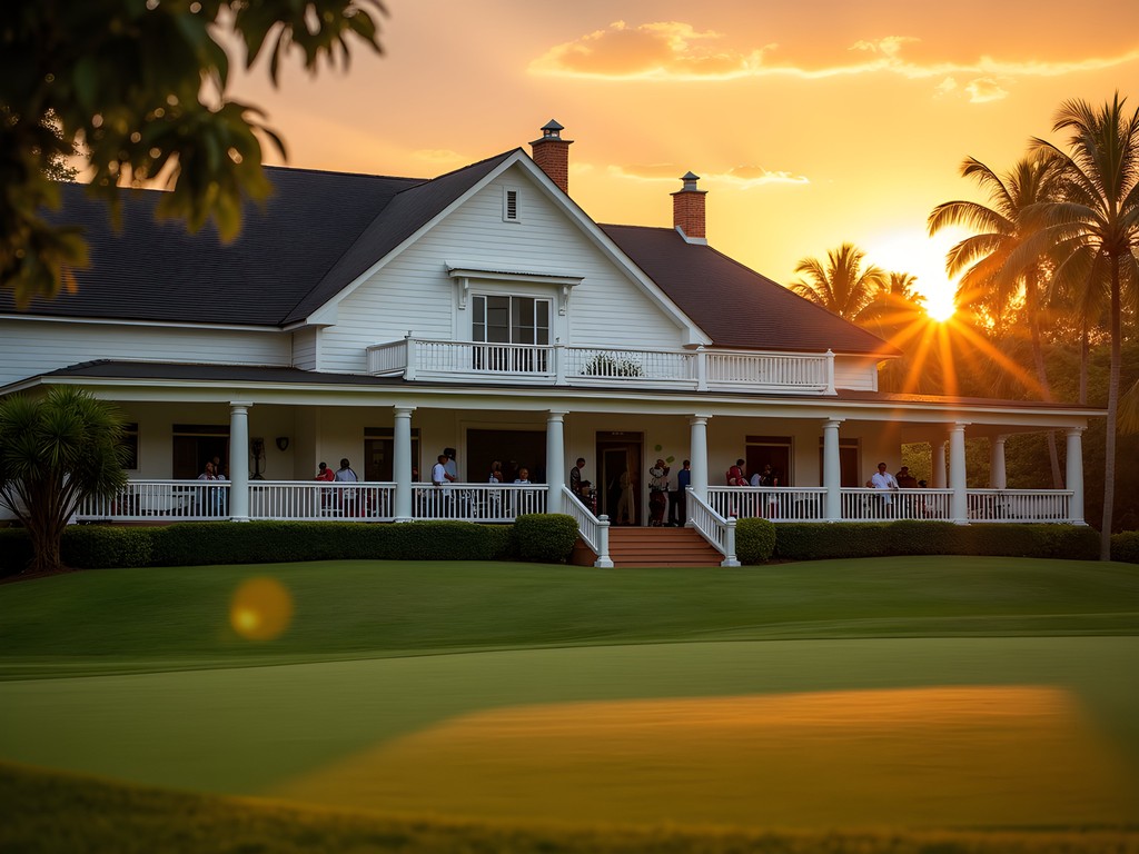 Historic colonial clubhouse of Entebbe Golf Club at sunset with golfers socializing