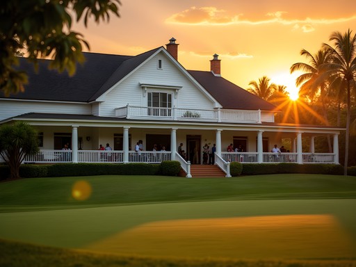 Historic colonial clubhouse of Entebbe Golf Club at sunset with golfers socializing