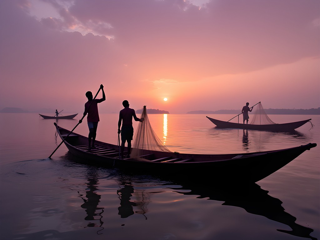 Traditional fishing boats on Lake Victoria at dawn with local fishermen preparing nets
