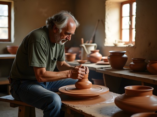 Traditional pottery workshop in São Pedro do Corval near Evora with master potter demonstrating centuries-old techniques