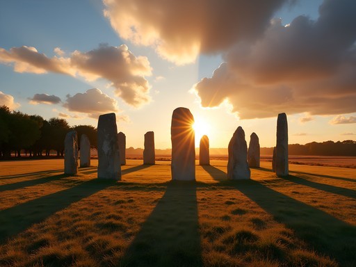 Cromeleque dos Almendres megalithic site near Evora at sunrise with standing stones casting long shadows