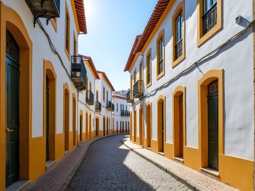 Narrow medieval streets of Evora's historic center with whitewashed buildings and traditional Portuguese pavement