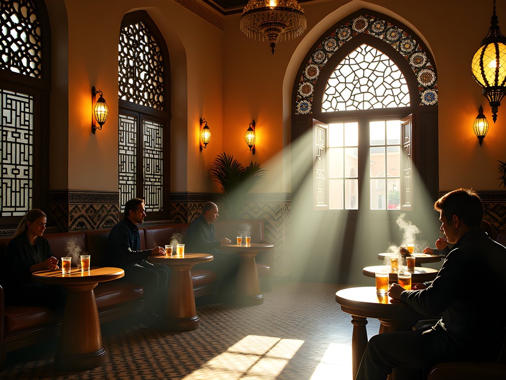 Morning light streaming through ornate windows in a traditional Moroccan café in Fez