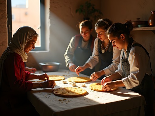 Traditional Moroccan cooking class in a family home in Fez with women preparing b'stilla pastry
