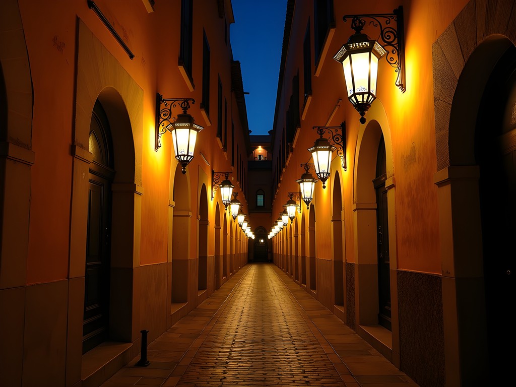 Atmospheric narrow alleyway in Fez medina at night with traditional lanterns casting warm light