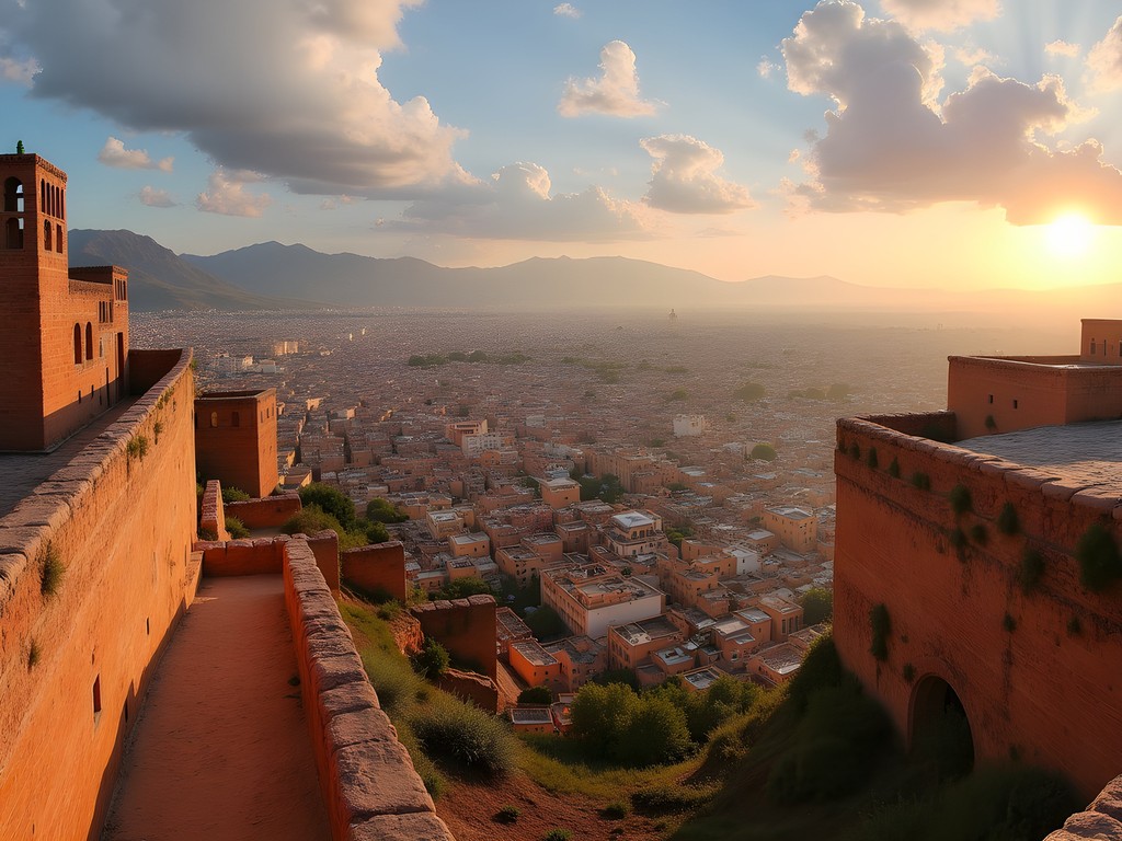 Panoramic view of Fez medina from Merenid Tombs at sunset with couple enjoying the scenery