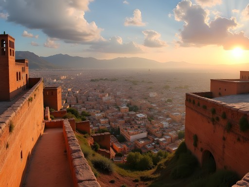 Panoramic view of Fez medina from Merenid Tombs at sunset with couple enjoying the scenery