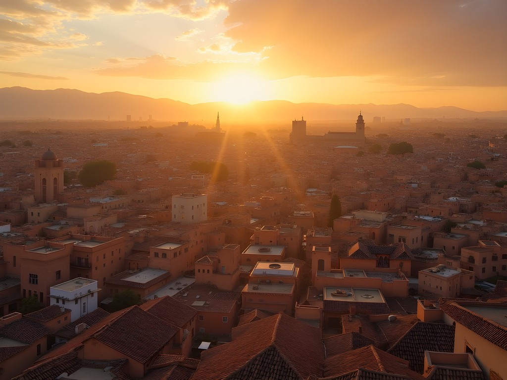 Panoramic view of Fez Medina rooftops at sunset with minarets and Atlas Mountains in distance