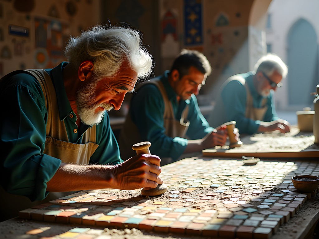 Traditional zellige tile artisan working in his workshop in Fez medina