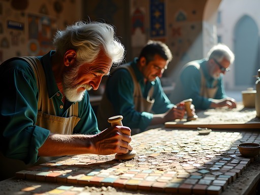Traditional zellige tile artisan working in his workshop in Fez medina