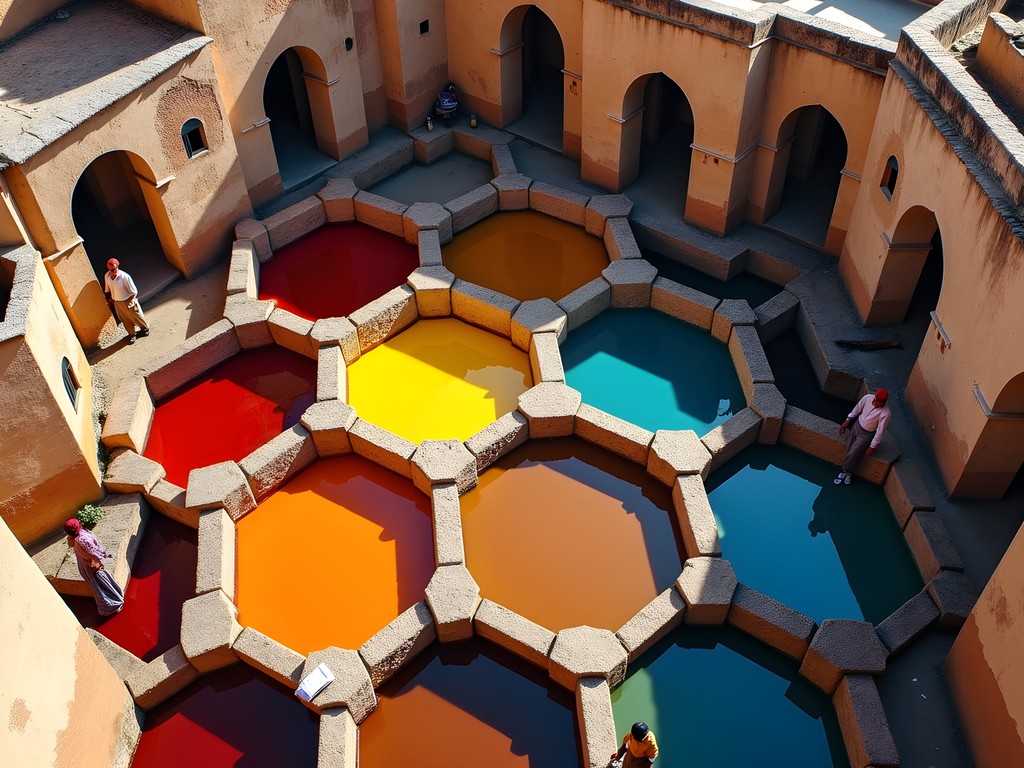 Historic Chouara Tannery in Fez with colorful leather dyeing vats and artisans working