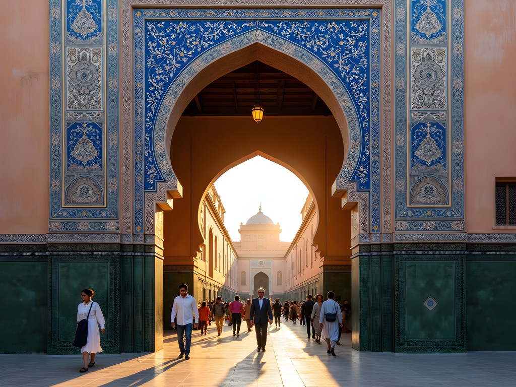 The ornate blue gate entrance to Fez Medina with bustling market activity