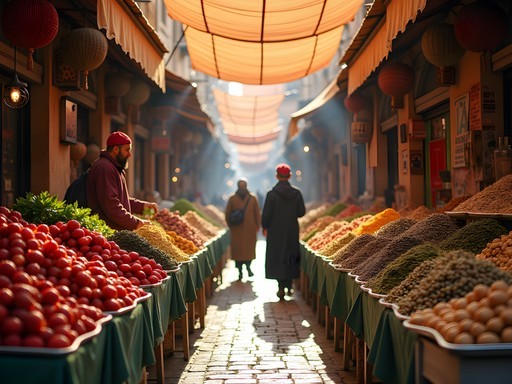 Vibrant local food market in Fez medina with seasonal produce and spices