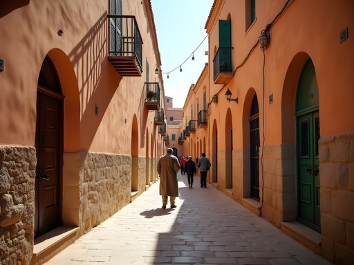 Narrow winding alleyways in Fez medina with ancient architecture and local residents