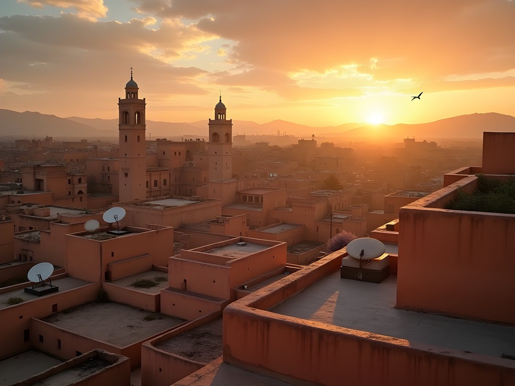 Panoramic sunset view over the ancient rooftops of Fez medina with mountains in distance