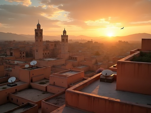 Panoramic sunset view over the ancient rooftops of Fez medina with mountains in distance