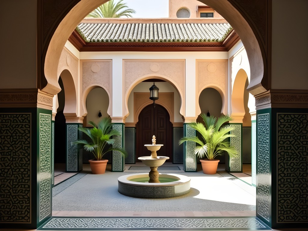 Traditional Moroccan riad interior courtyard with fountain and ornate tilework in Fez
