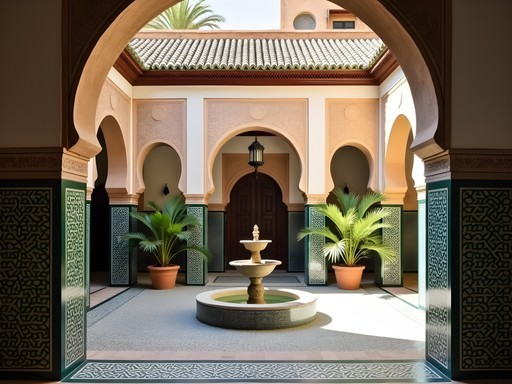 Traditional Moroccan riad interior courtyard with fountain and ornate tilework in Fez