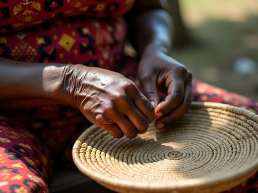 Elderly Batswana woman weaving traditional basket using natural fibers in Tonota village