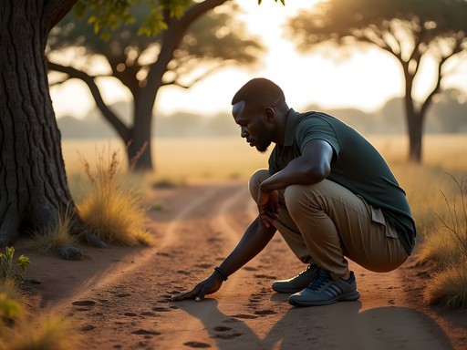 Local guide demonstrating wildlife tracking techniques in bushland near Matshelagabedi village