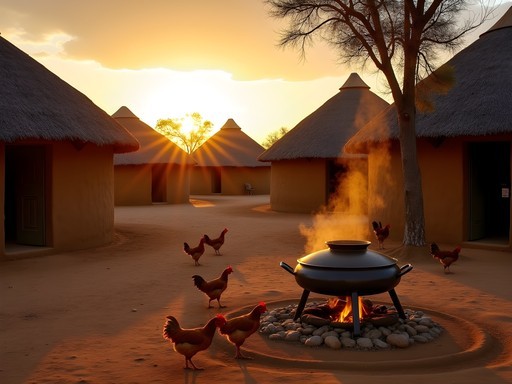 Traditional Batswana family compound with rondavels and outdoor cooking area