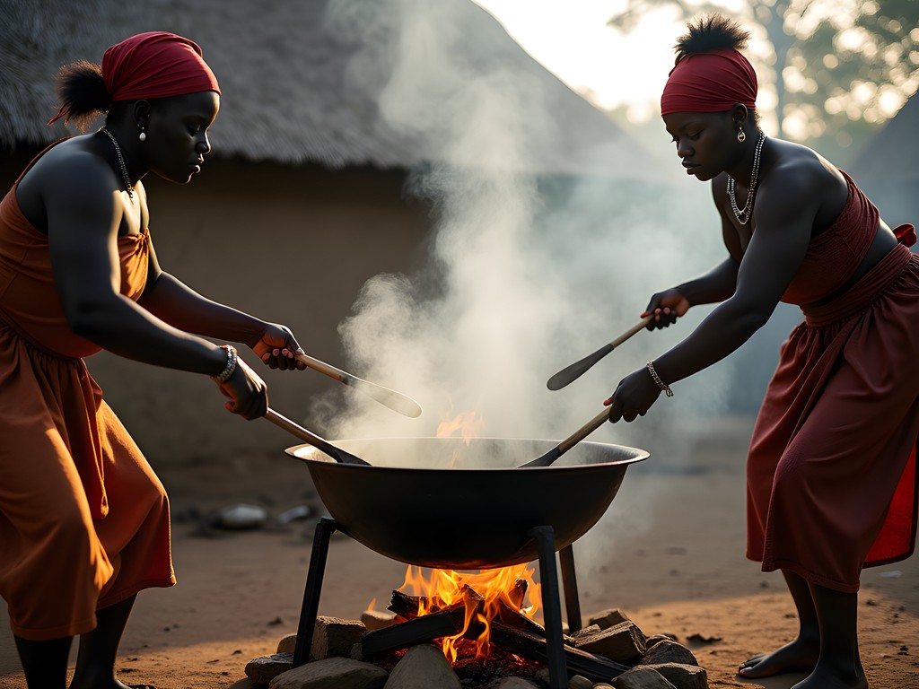Women preparing traditional seswaa beef dish over open fire in Tonota village